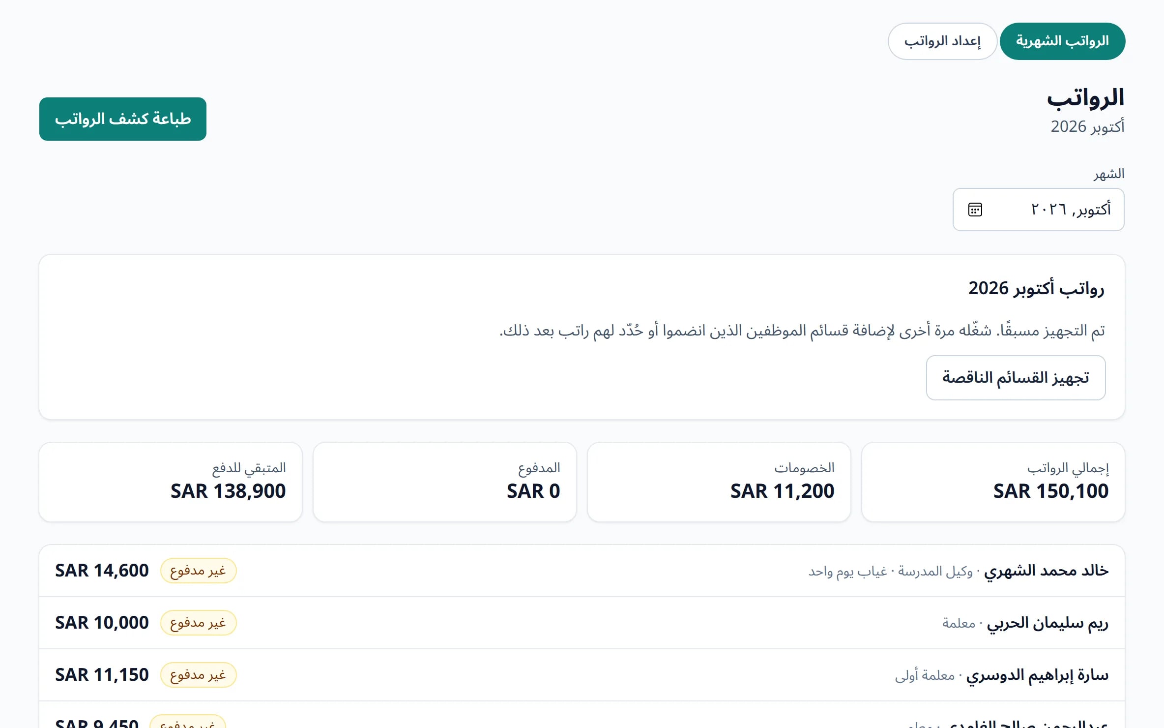 الرواتب الشهرية للموظفين مع الخصومات والمدفوع وغير المدفوع