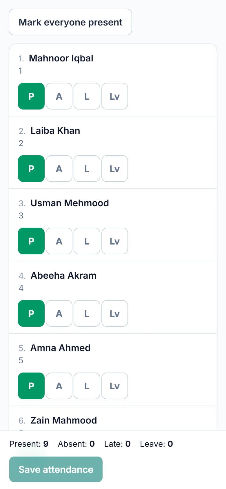 Marking class attendance on a mobile phone in a few taps