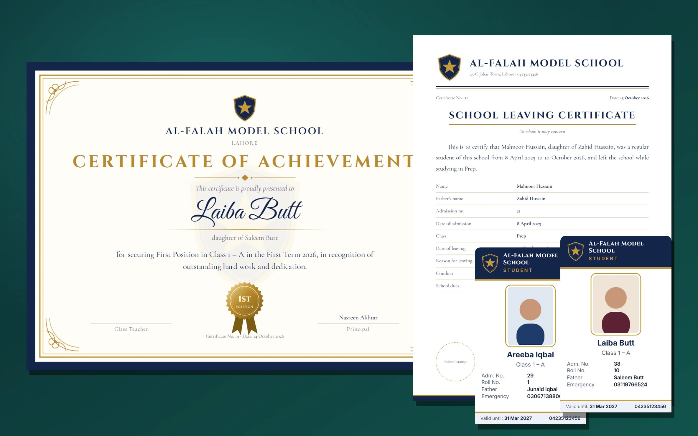 Position certificate, school leaving certificate and student ID cards printed by Easy Maktab