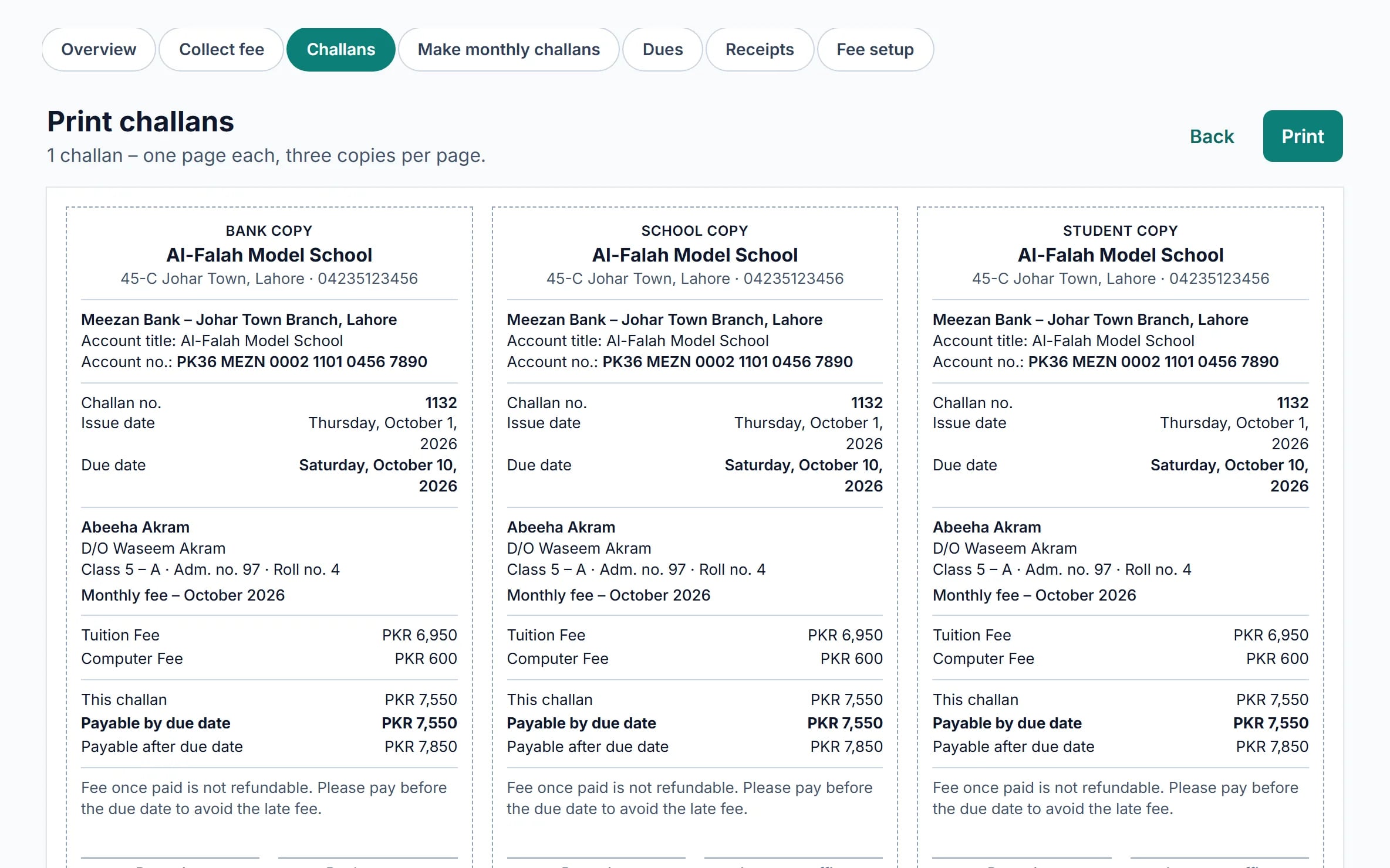 Printable school fee challan with bank, school and student copies on one page