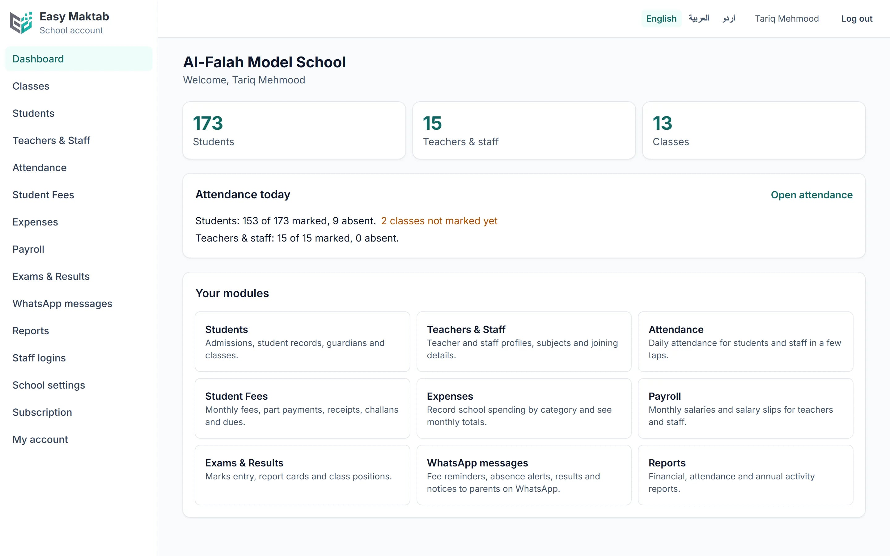 Easy Maktab school dashboard showing students, staff, classes and today's attendance