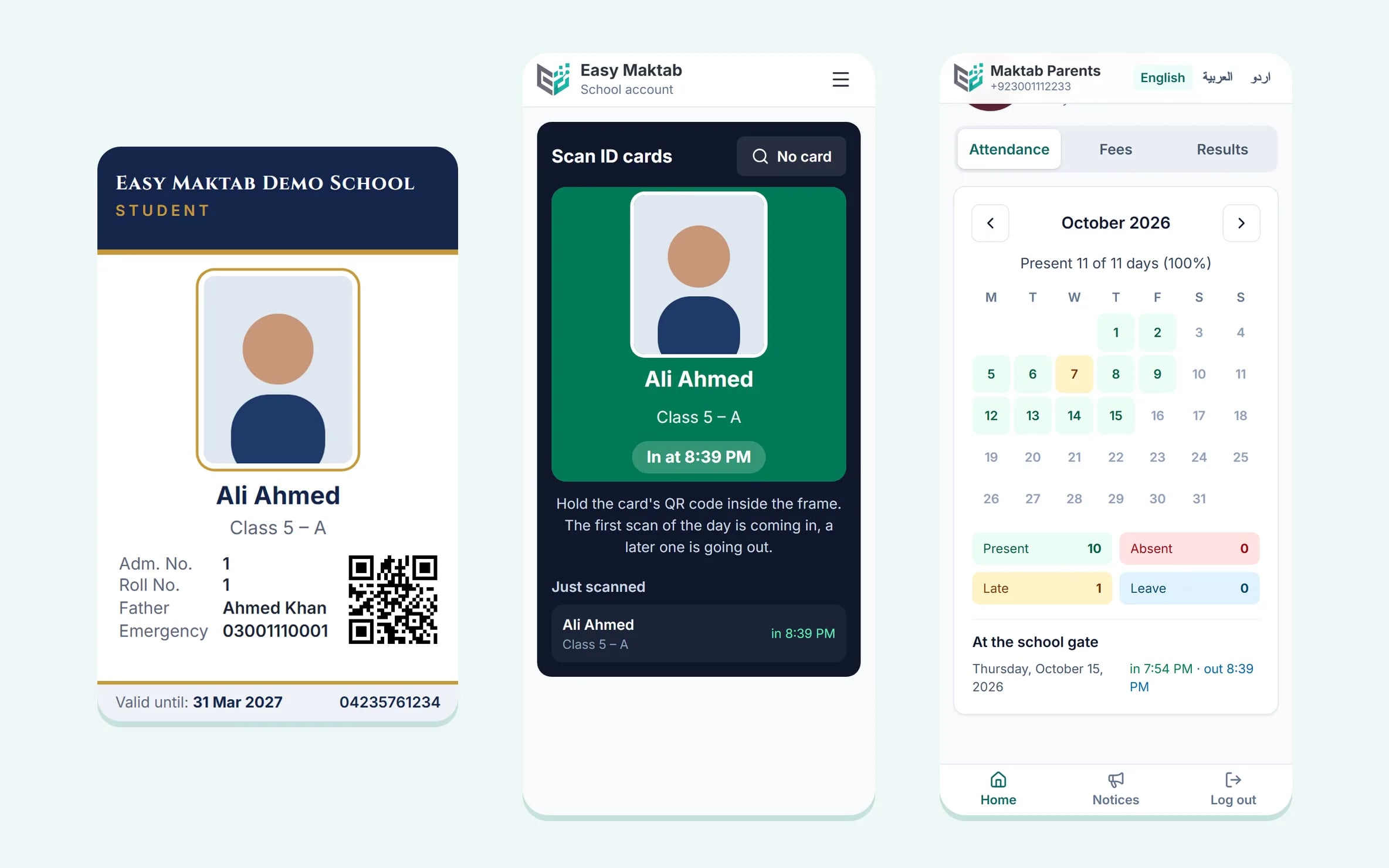 Student ID card with a QR code, the gatekeeper's phone scanning it, and the parent's phone showing arrival and leaving times