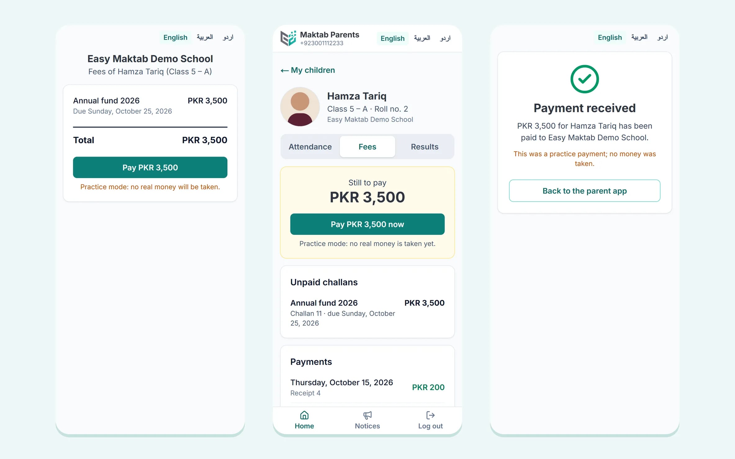 Paying school fees online on a phone: the payment link, Pay now in the parent app, and the payment received page