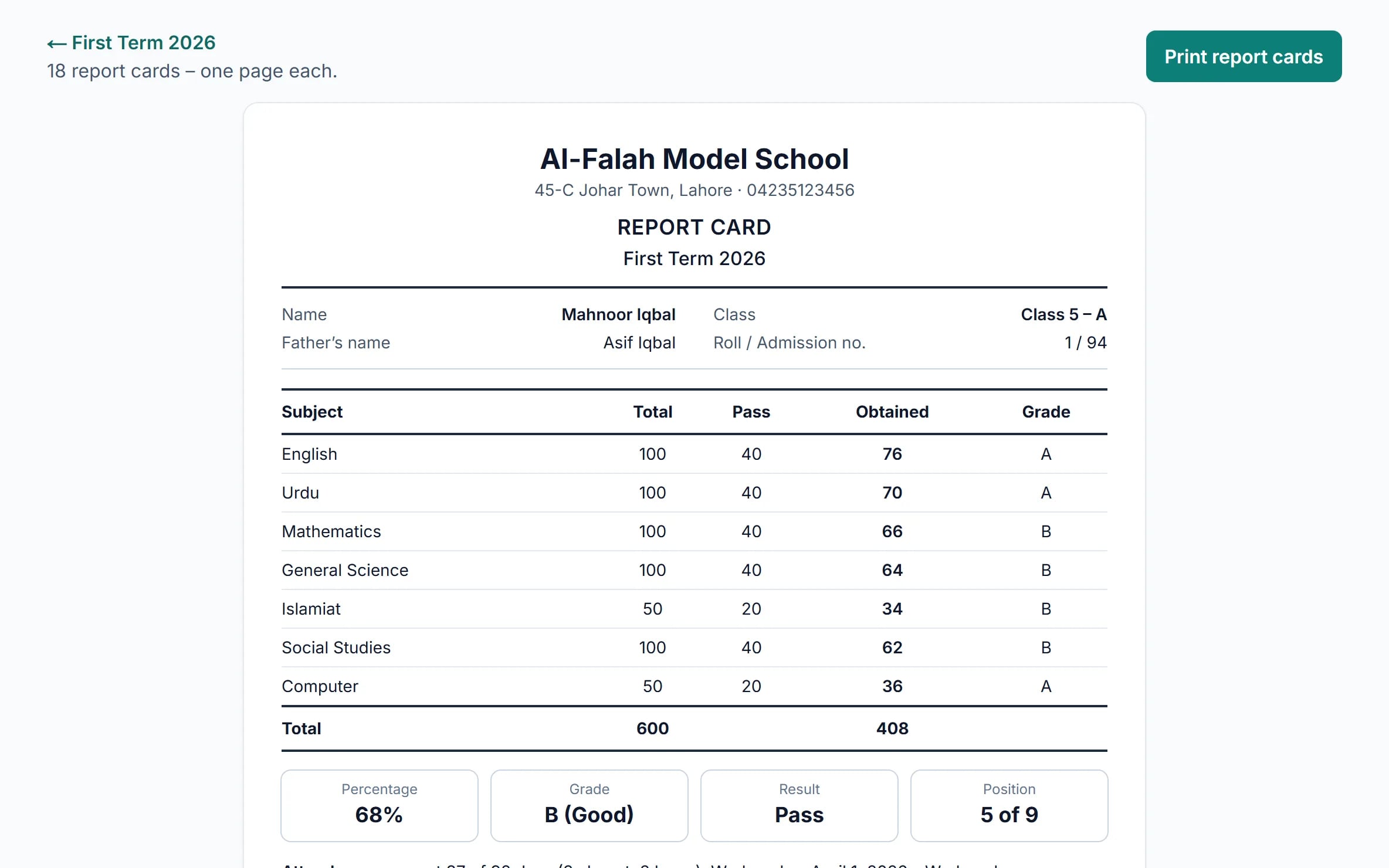 Printable student report card with subject marks, grade, position and attendance