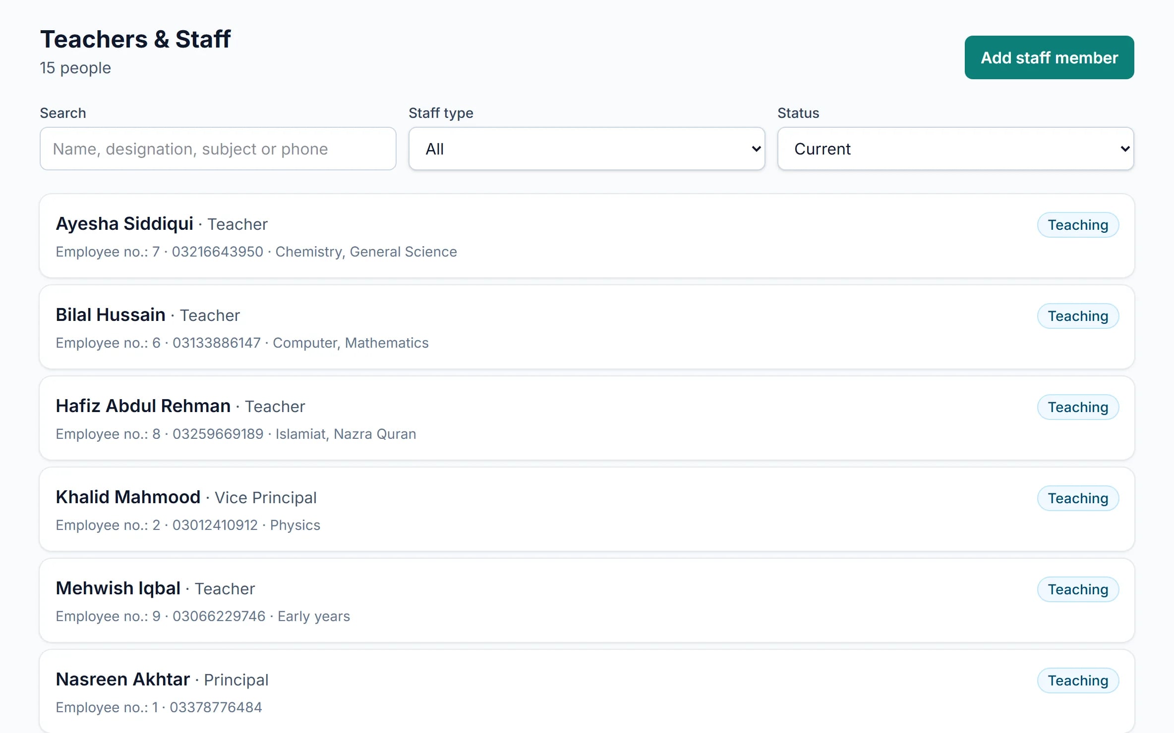 Teachers and staff list with designation and subjects