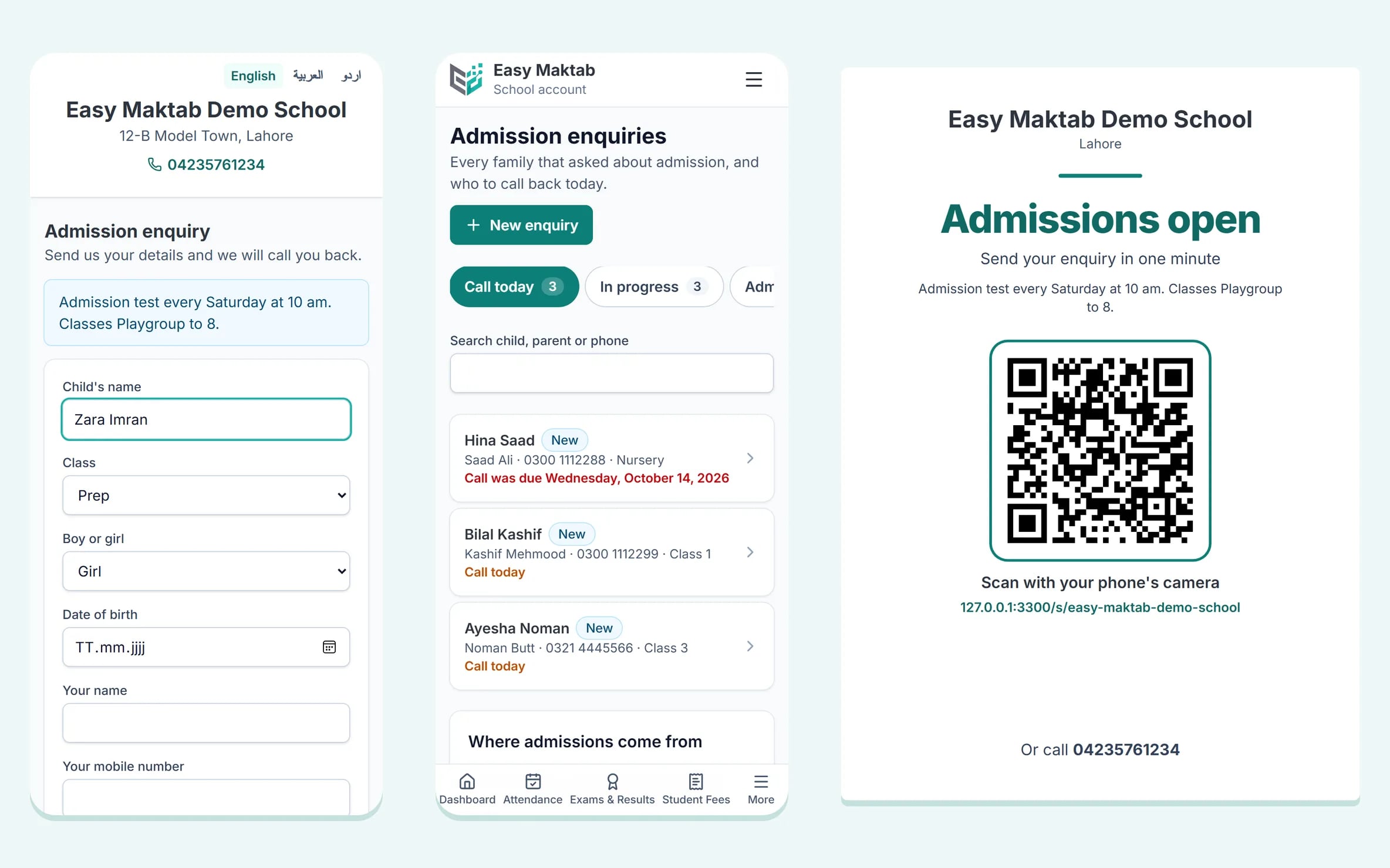 A school's own admission enquiry page on a phone, the office's list of families to call back today, and the QR poster for banners