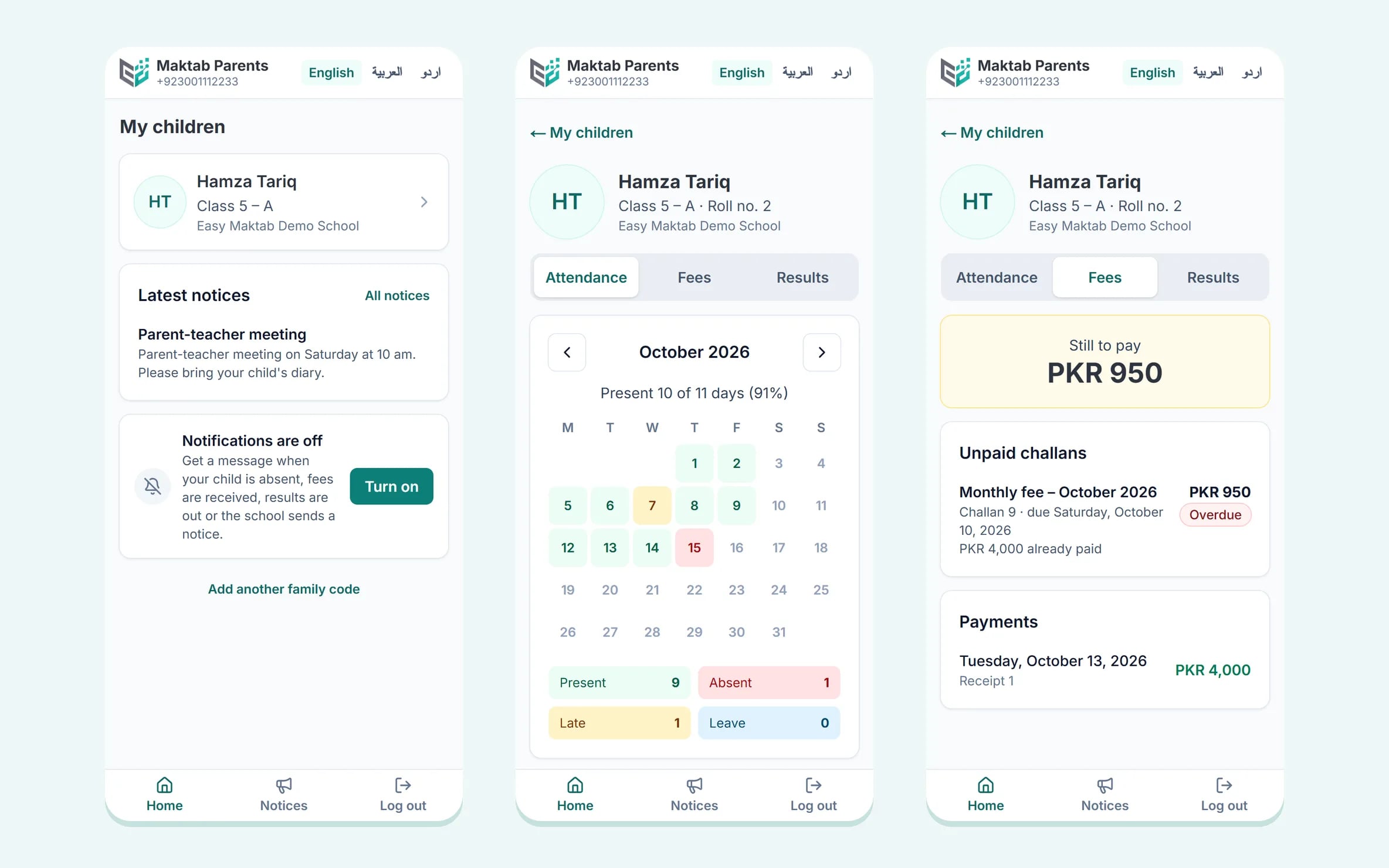 Parent app on a phone: children, monthly attendance calendar and fees still to pay